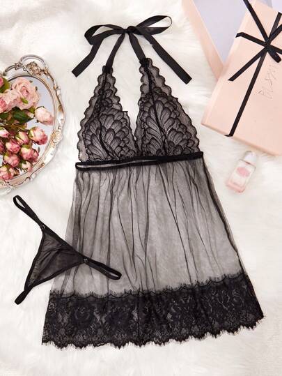 Seduluxe Bloemen Kanten Halter Babydoll Lingerie Dress String view 6
