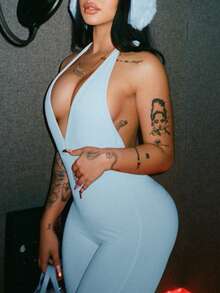 女士可爱Y2K露背吊带提臀修身连体裤夏季 - 藍色 - 查看 4