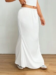 SHEIN EZwear Plus Size Solid Color Casual Knot Front Skirt, Summer - White - View 8