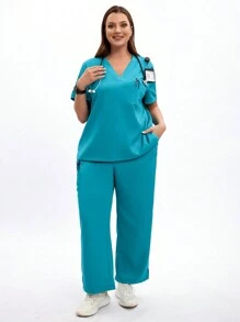 TaskEZ Plus Size Women Mint Blue Nurse Uniform Set, Including 1 Pocket V-Neck Scrubs Nurse Top And 4 Pocket Elastic Waist Scrub Pants With Drawstring Bac,Nurse Uniform Two Pieces Set - Green - View 4