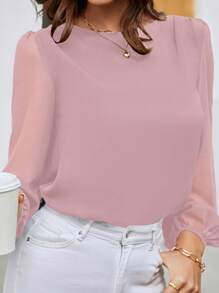 EMERY ROSE Women's Round Neck Solid Color Casual Long Sleeve Shirt For Everyday Wear Fall Cloth For Women - Pink - View 4