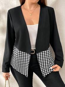 SHEIN Clasi Plus Size Business Jacket With Black And White Houndstooth Patchwork Design