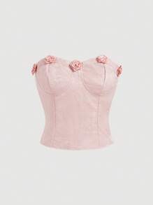 GENKIRA Sweet 3D Floral Satin Jacquard Fabric Cup Separation Slimming Body Shape Push-Up Strapless Top - Pink - View 1