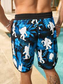 Manfinity Homme Pantaloni Corti Con Coulisse E Tasche A Stampa Integrale Da Uomo Di Taglia Plus Per L'Abbigliamento Casual Estivo - Blu - Visualizzare 2