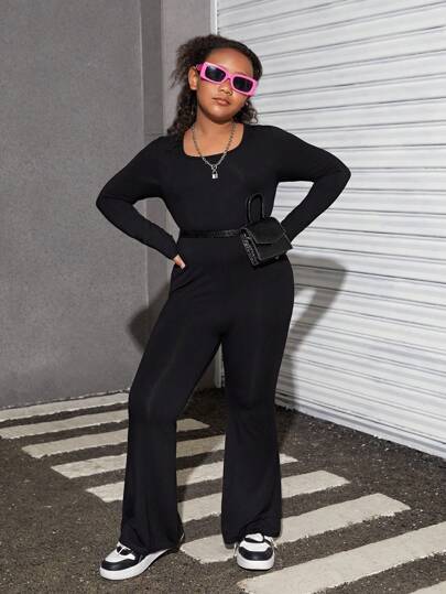 SHEIN Tween Girls Extended Size  Casual Jumpsuit With Square Neckline, Simple Solid Color & Comfortable
