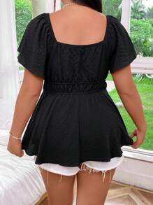 Flirla Texture Fabric Elastic Waist Plus Size A-Line Short Sleeve Shirt Peplum Top - Black - View 2