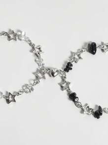 ROMWE Grunge Punk 2pcs Punk Style Black And White Crystal Star Bracelet Set, Silver Jewelry Suitable For Daily Wear, Valentine's Day Gift, Friendship Matching Bracelet,Mom,Mother,Mother's Day,Gift - Multicolor - View 3