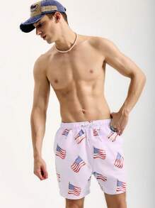 Manfinity Swimmode Men's American Flag Printed Drawstring Waist Loose Beach Shorts For Vacation