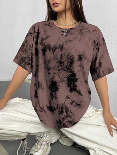INAWLY Tie Dye Drop Shoulder Oversized Tee Graphic Tees Women Tops