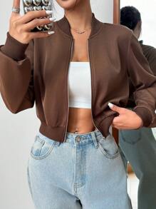 SHEIN EZwear Quần áo mùa xuânÁo khoác bomber có khóa kéo chắc chắn - màu nâu - Xem 4