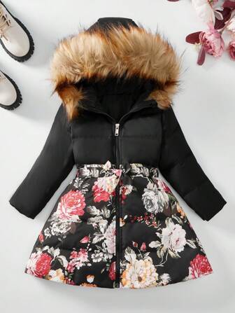 Jeunes filles Veste matelassée mi-longue avec capuche, col en fourrure, fermeture à glissière et motif imprimé, pour garder au chaud en hiver