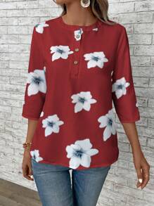 EMERY ROSE Women's Casual Shirt With Random Print, Simple Style - Burgundy - View 6