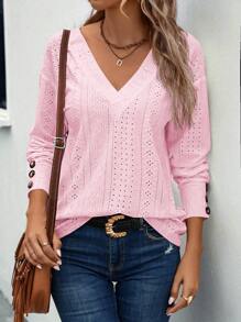 EMERY ROSE Eyelet Embroidery Drop Shoulder Tee Autumn Cloth For Women Golf Pastal Sexy - Pink - View 5