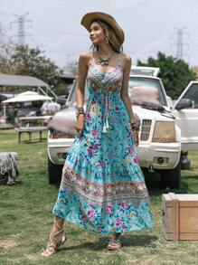 Rusttydustty Vestido con volantes de cintura alta con cordón estampado floral morado para mujer, ideal para playa, vacaciones, picnic, San Valentín, boda, temporada, festival de música Coachella