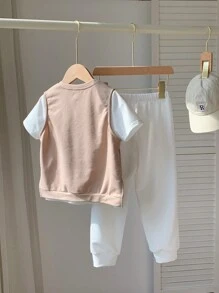 Conjunto de 3 peças de Camiseta Casual de Manga Curta de Gola Redonda para Meninos Jovens, Regata com Decote em V e Calça Comprida Solta