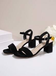 女士舒適高跟涼鞋，白色新娘鞋，夏季鞋履，女式開放式踝帶粗跟高跟鞋 - 黑色 - 查看 4