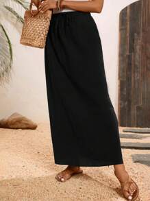 SHEIN LUNE Women's Linen Long Black Fashionable A-Line Skirt, Suitable For Summer - Green - View 2