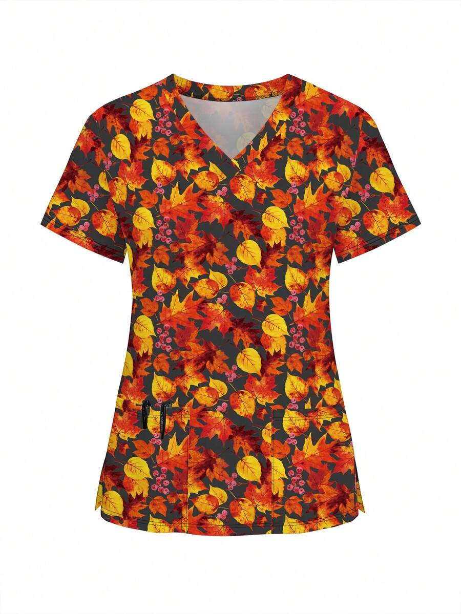 1pc Fruit Print Short Sleeve Scrub Top - Multicolor - View 1