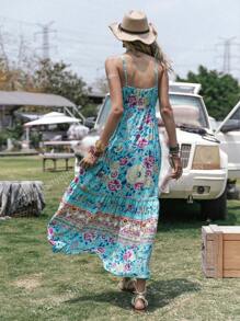 Rusttydustty Vestido con volantes de cintura alta con cordón estampado floral morado para mujer, ideal para playa, vacaciones, picnic, San Valentín, boda, temporada, festival de música Coachella