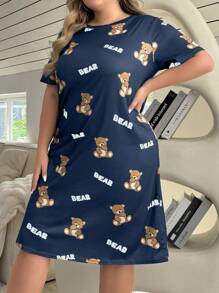Plus Size Cute Bear Printed Sleeping Pajama Dress - Navy Blue - View 5