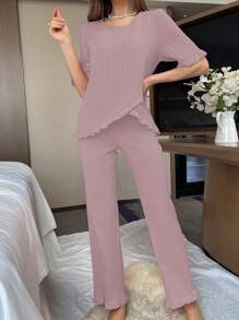Patchwork Hollow Out Embroidered Texture Casual Pajama Set - Dusty Pink - View 5
