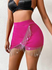 Zolique Women's Solid Color Tassel & Rhinestone Decorated Sexy Shorts, Summer - Hot Pink - View 3