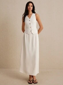 Poéselle 2 件套女式背心西装外套长裙套装，夏季白色西装套装，布里奇顿休闲轻松时尚，上衣背心配有背部可调节领带