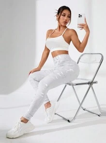 SHEIN Sport Studio High Waist Yoga Pants With Gold Foil Printed, Personalized And Sexy, Sports And Leisure Body Shaping Yoga Leggings