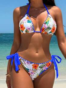 Swim Vcay Women's Tropical Plant Print Halter Neck Tie Sexy Bikini Set For Summer Beach, Random Print