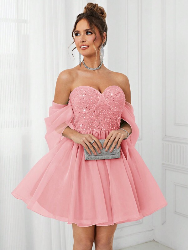 SHEIN Belle Rochie elegantă cu mâneci bufante, cu umăr deschis, cu decor cu paiete și rochie mare în linie A, perfectă pentru petreceri de cocktail.