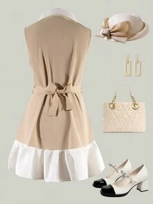 少女拼接彼得潘領無袖休閒工作連身裙，配有假珍珠裝飾，返校服裝 - 彩色 - 查看 2