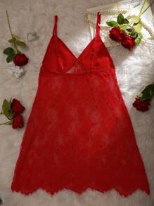 Charlaine Women's Lace Splice Sheer Cami Sexy Pajama Night Dress Bridallingerie - Red - View 2