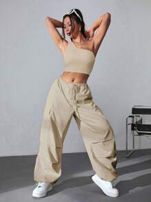 SHEIN EZwear One Shoulder Crop Top & Flap Pocket Side Drawstring Waist Cargo Trousers - Apricot - View 3