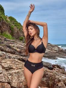 Swim Lushoire Women's Solid Color Pleated Sexy Bikini Set For Summer Beach, With PUSH UP And Underwire