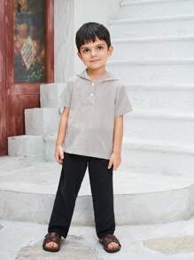 SHEIN 2pcs Young Boys' Casual Striped Short Sleeve Hooded Shirt And Solid Color Pants Set,Matching Summer Family Vacation Holiday Outfit With Cotton Rope - White - View 4