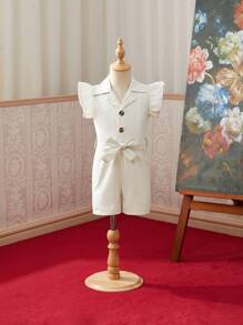 SHEIN 少女時尚純色荷葉袖連身褲,配上腰帶,適用於春夏季節 - 杏色 - 查看 1