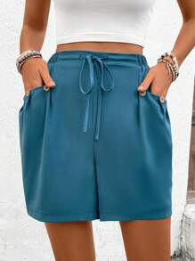 SHEIN LUNE Women's Solid Color Waist Tie Loose Shorts With Pockets - Blue - View 5