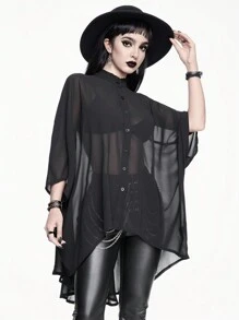 ROMWE Goth 女式休閒單排扣透視蝙蝠袖上衣