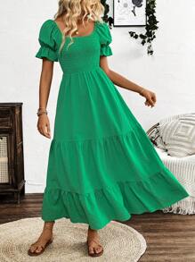 SHEIN Clasi Women's Solid Color Puff Sleeve Dress With Ruffle Hem, Summer - Green - View 3
