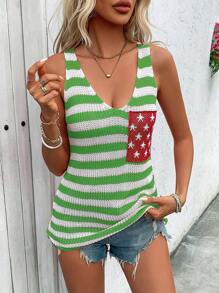 SHEIN LUNE Striped & Star Pattern Knit Top - Green - View 3