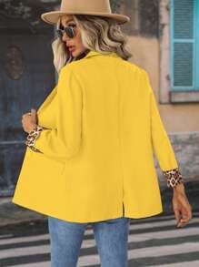 EMERY ROSE Women's Solid Color Simple Daily Blazer With Leopard Print Decorated Cuffs Fall Cloth For Women - Yellow - View 2