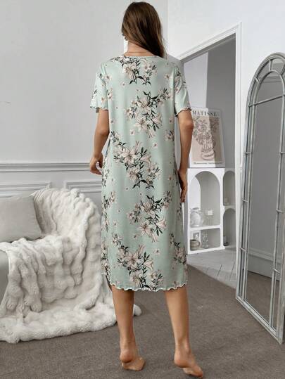 Bloemen Printed Short Sleeve Shirt Sleep Dress Pajama Dress, Perfect Moo view 2