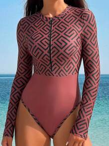 Swim SPRTY Women's Long Sleeve-One-Piece Zip-Up  Rash-Guard With All-Over Print, Summer Sports Beachwea - Multicolor - View 5
