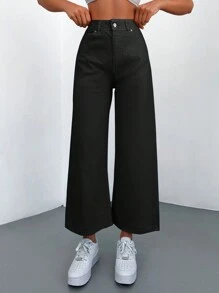 Cottnline Solid Wide Leg Cropped Jeans - Black - View 3