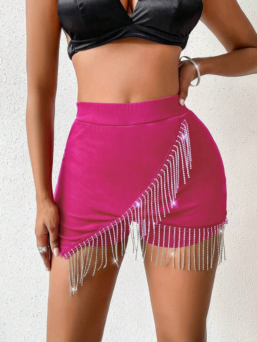 Zolique Women's Solid Color Tassel & Rhinestone Decorated Sexy Shorts, Summer - Hot Pink - View 1