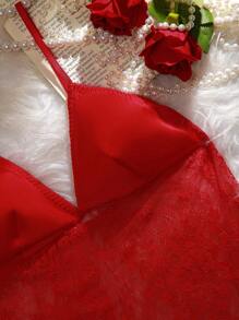 Charlaine Women's Lace Splice Sheer Cami Sexy Pajama Night Dress Bridallingerie - Red - View 6
