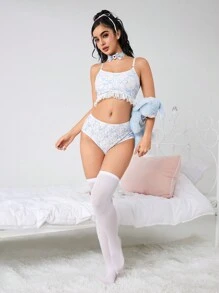 ROMWE Kawaii Vintage Sweet Butterfly & Floral Pattern Lady Lingerie Set With Court Style - Multicolor - View 7