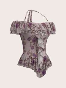SHEIN Privé Parte superior con volantes y aberturas en los hombros, estampado floral, tirantes con lazo, bajo asimétrico elegante para mujer en verano