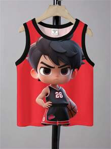 SHEIN ملابس علوية كاجوال بياقة مستديرة مناسب للصيف مع نمط كرتوني لاعب كرة السلة وصبي صغير