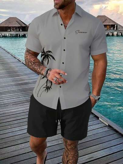 Manfinity RSRT Men's Plus Size Summer Holiday Letter & Palm Tree Printed Short Sleeve Shirt And Shorts Casual Set, Men Vacation Outfit, Cozy Outfits